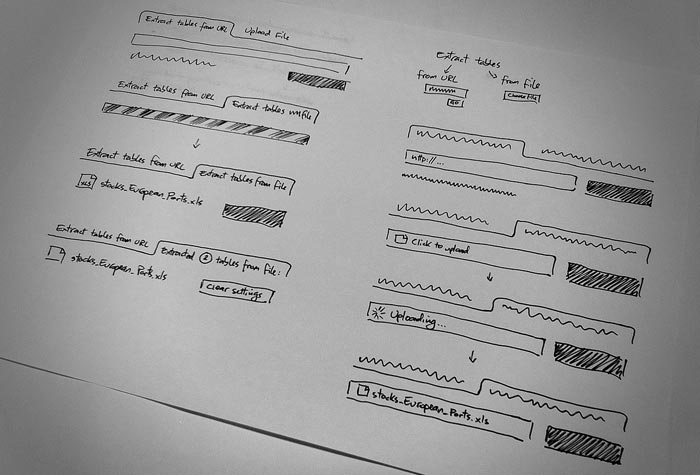 Hand drawn wireframes from the ScraperWiki office