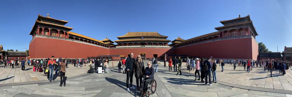 Nino, Julijana, and Zarino at the Meridian Gate of the Forbidden City, Beijing