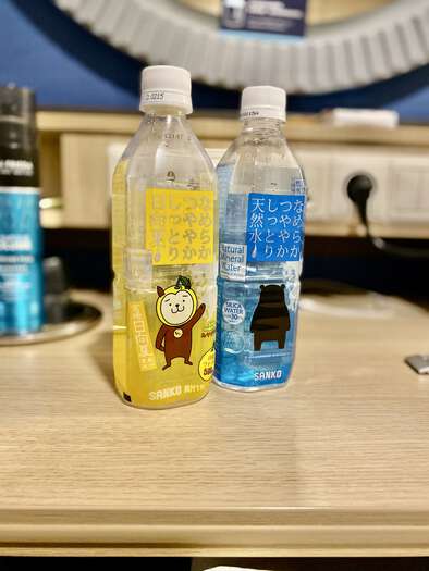 Bottled water featuring cartoons of bears