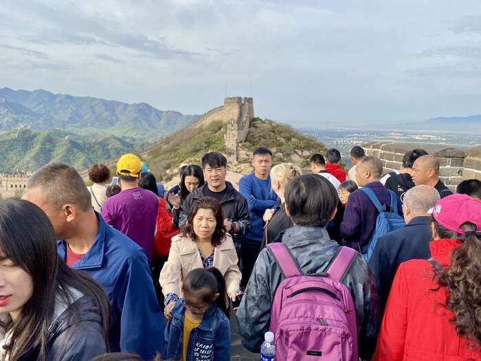 Dozens of people packed in on the Great Wall of China