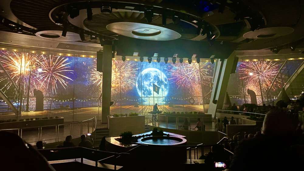 Virtual sailaway in the Two70 lounge, with virtual fireworks on projectors