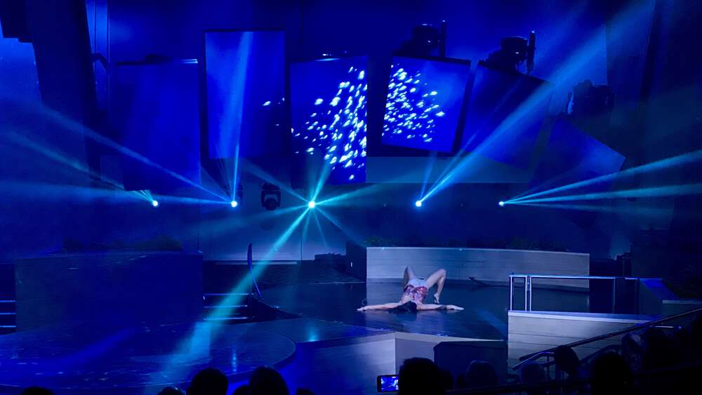 The six roboscreens displaying a shoal of fish above a dancer