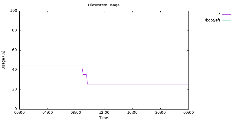 A line graph showing disk usage over the course of a day. The line starts at almost 50%, then falls with two steep drops around 9am, remaining at 25% for the rest of the day.