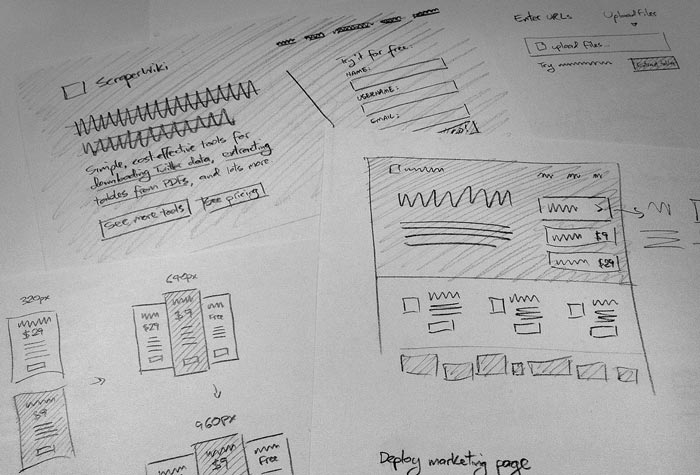 Hand drawn wireframes from the ScraperWiki office